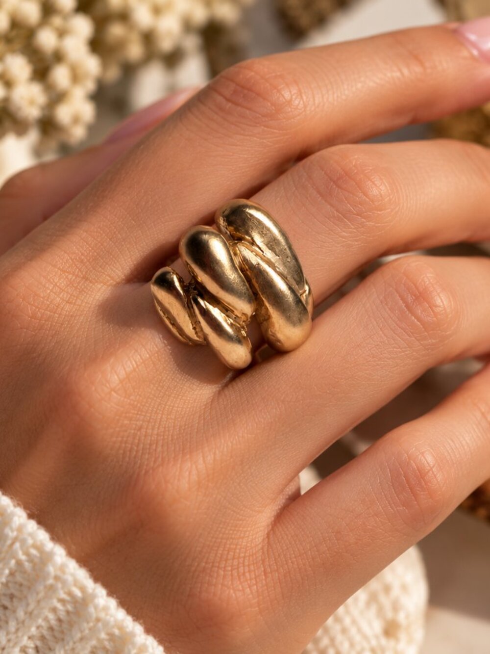 Vintage Gold Tone Sculptural Statement Ring – Bold Abstract Modernist Design